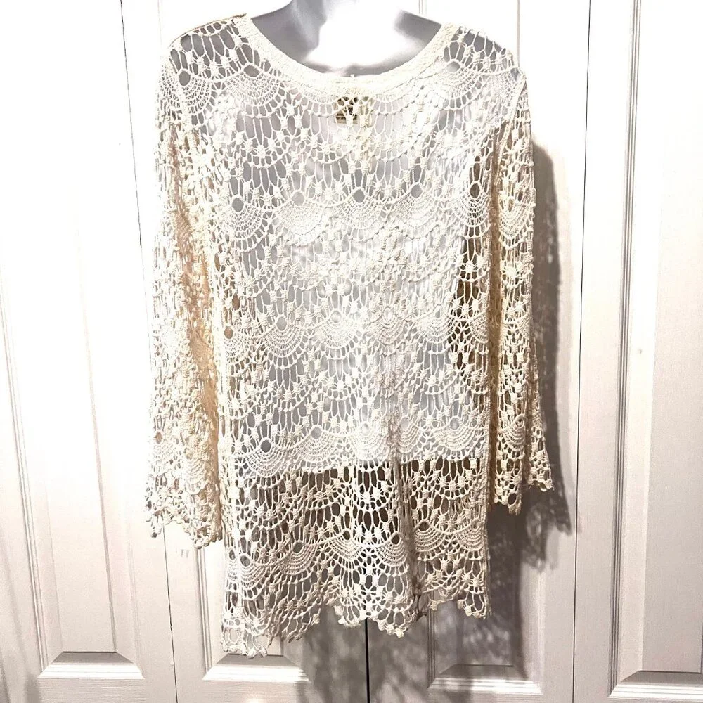 Forgotten Grace-100% Cotton Women's Boho/Hippie Top-Cream-Med-Lace Up-Lace Scall - Picture 9 of 12